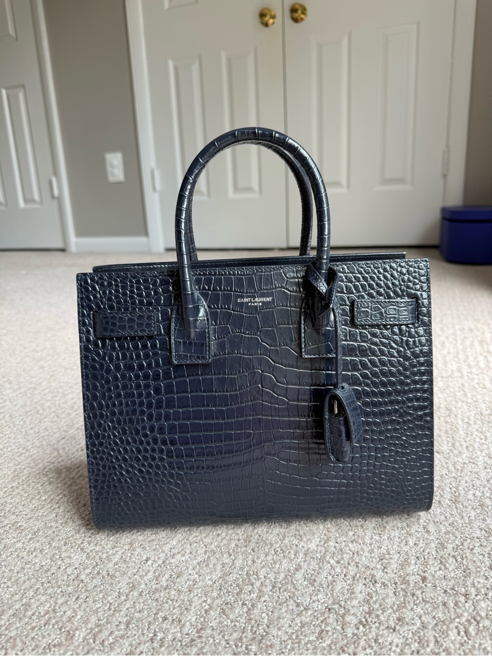 Saint Laurent Navy Blue Calfskin Crocodile Embossed Baby Sac De Jour Navy